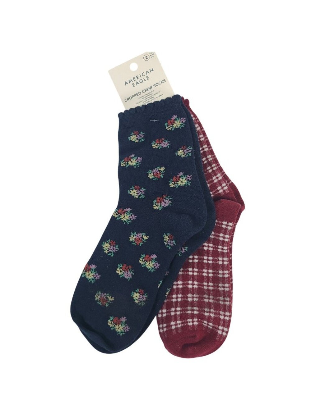 American Eagle Cropped Crew Socks 2-Pack Navy Floral & Red Plaid One Size